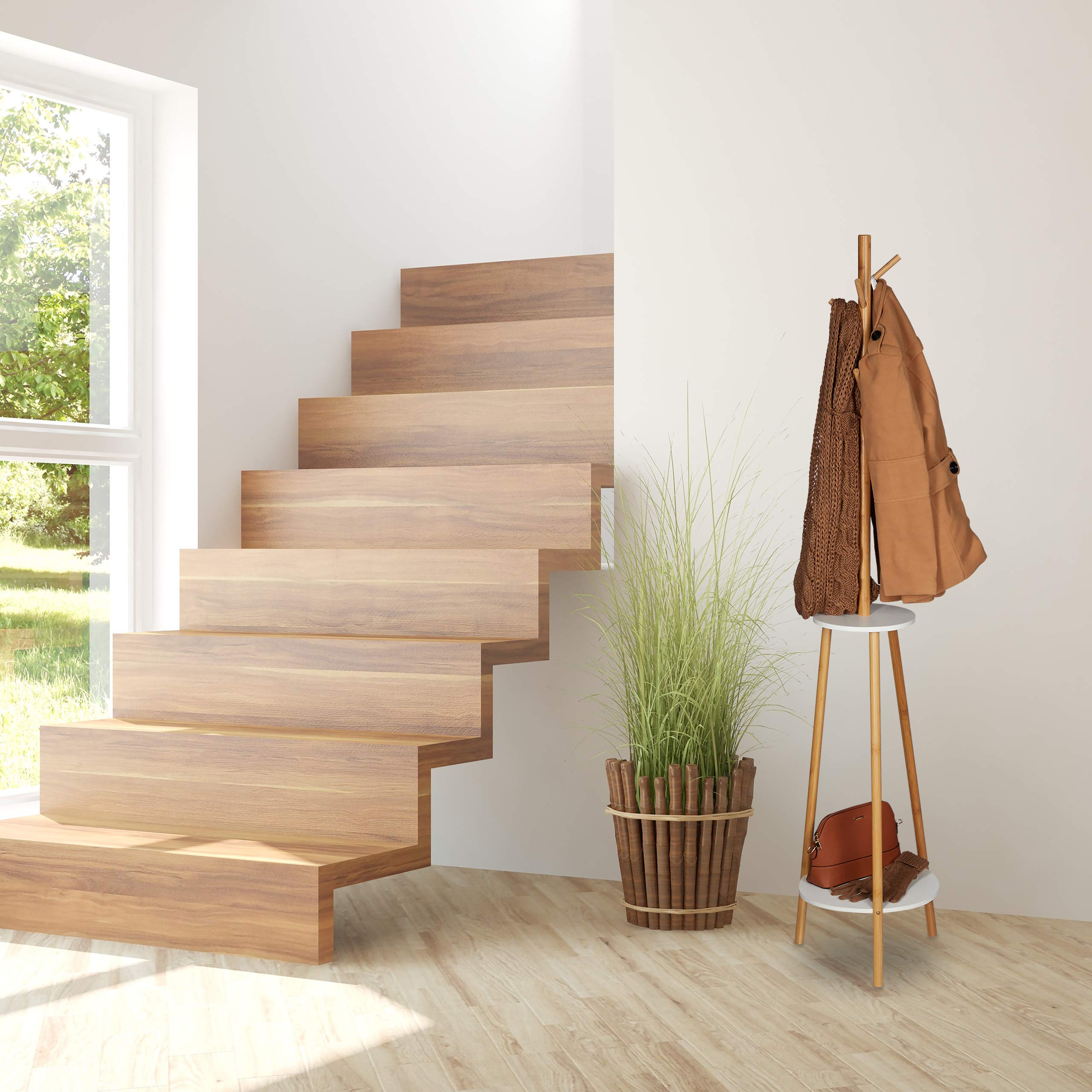 relaxdays-garderobenst-nder-bambus-8-haken-2-ablagen-181x37-cm-natur-wei image 2