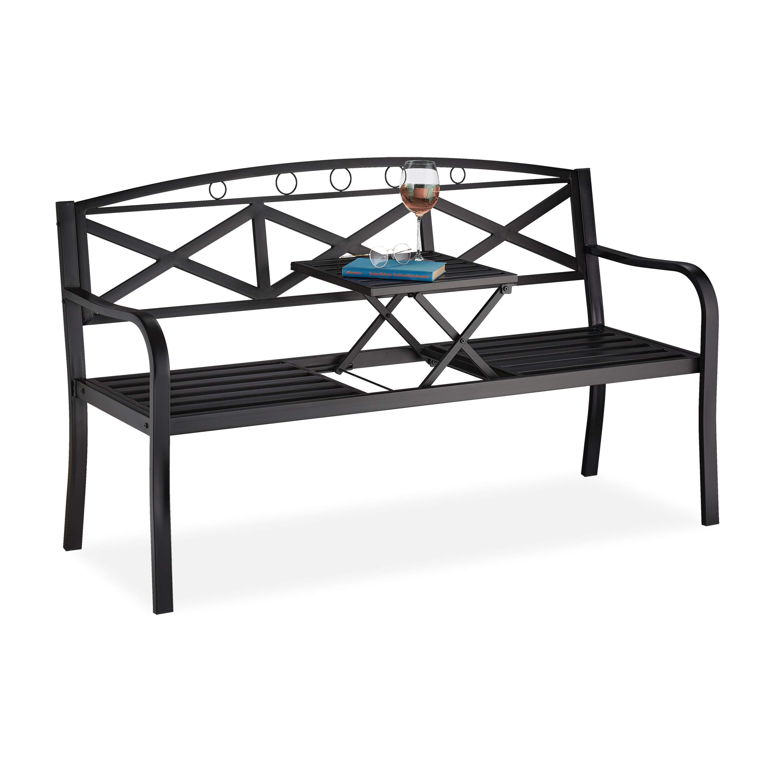 relaxdays-gartenbank-metall-3-sitzer-mit-klappbarem-tisch-150-cm-schwarz image 1