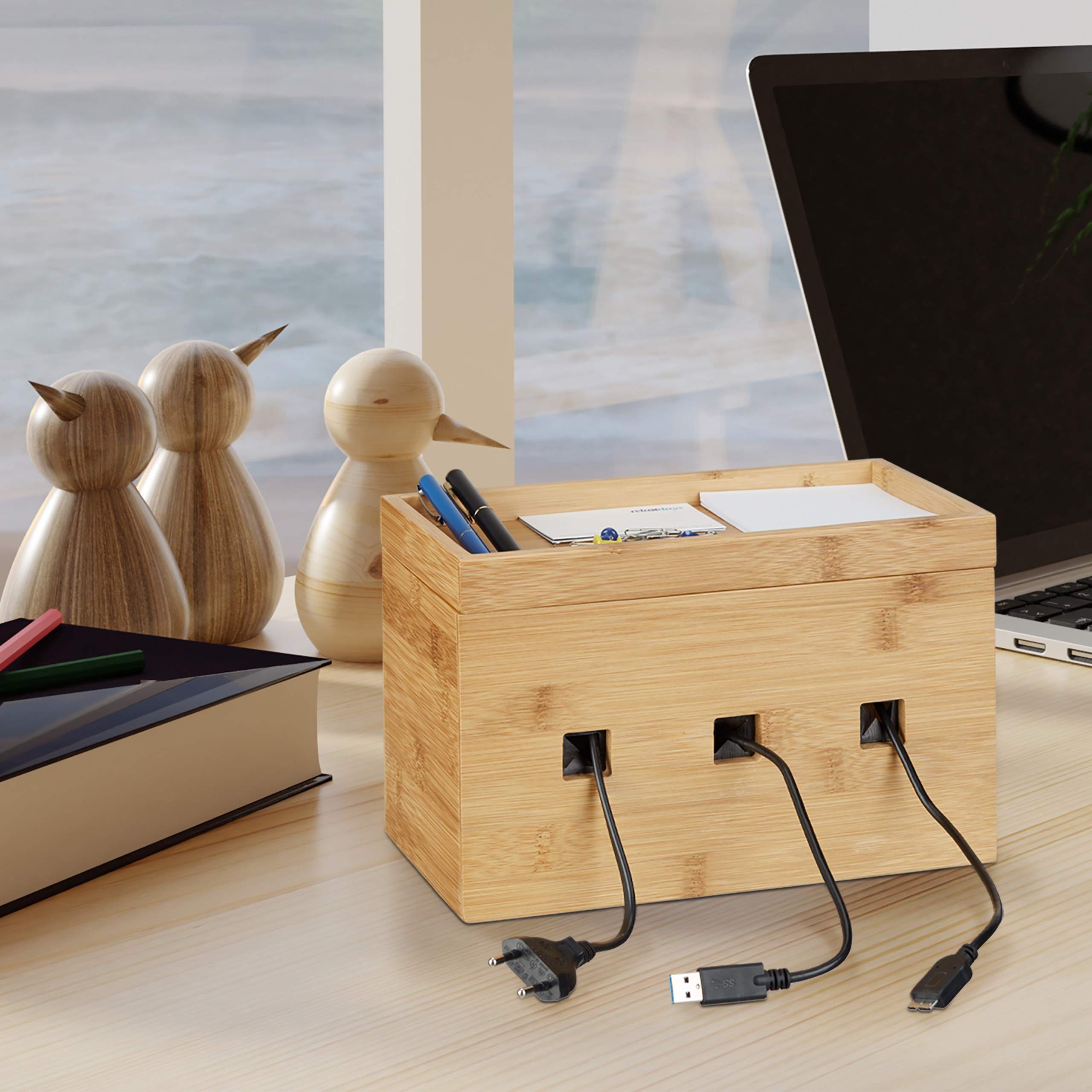 relaxdays-kabelbox-bambus-ladestation-natur image 2