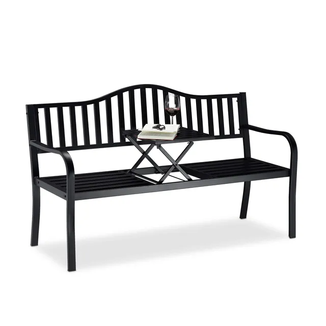 relaxdays-gartenbank-3-sitzer-schwarz-mit-klapptisch-150x57-5x90-cm image 1