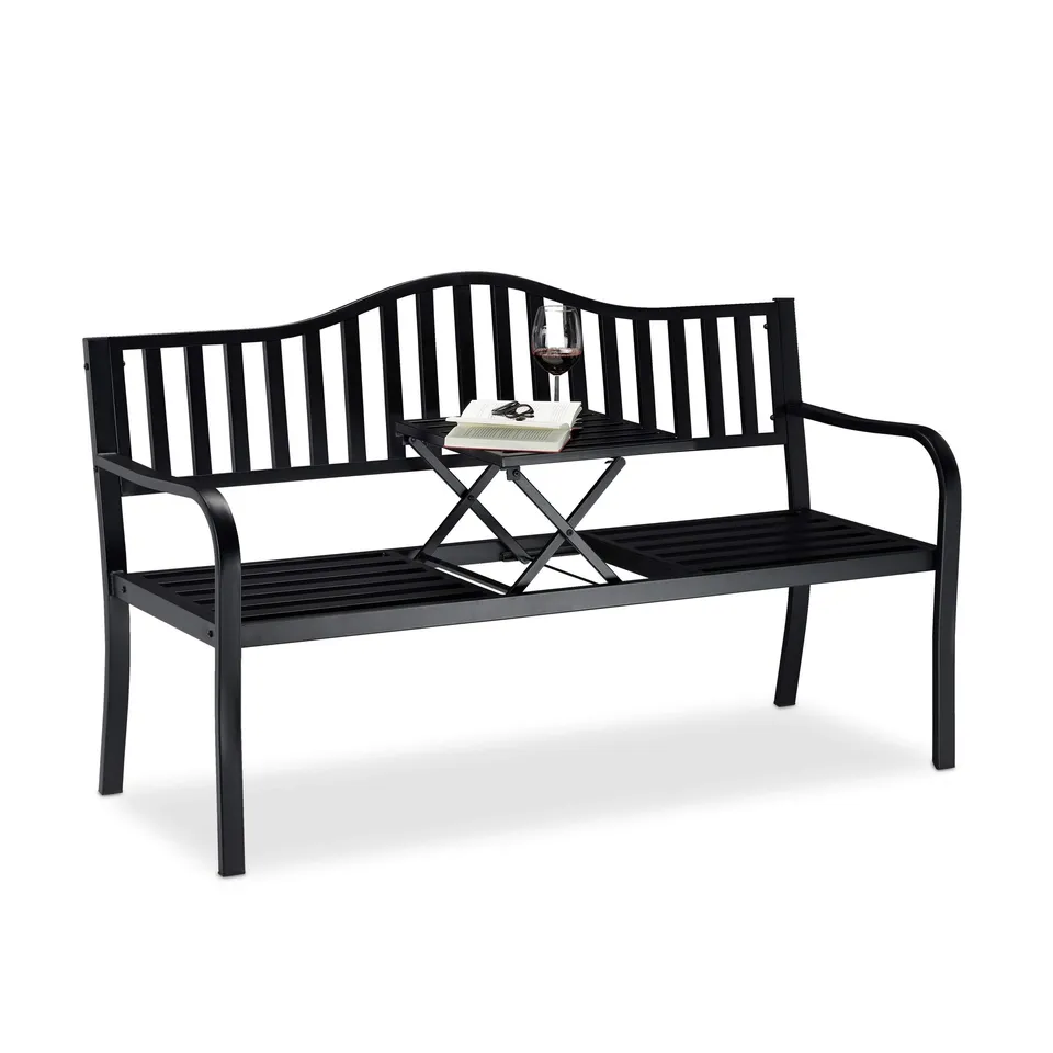 relaxdays-gartenbank-3-sitzer-schwarz-mit-klapptisch-150x57-5x90-cm image 1