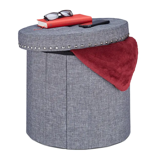 relaxdays-sitzhocker-mit-stauraum-rund-grau-43x46-cm-faltbar-300-kg image 1