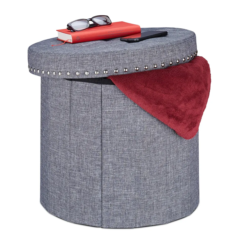 relaxdays-sitzhocker-mit-stauraum-rund-grau-43x46-cm-faltbar-300-kg image 1