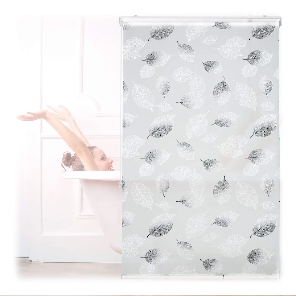 relaxdays-duschrollo-100-x-240-cm-blatt-schwarz-wei-seilzug image 1