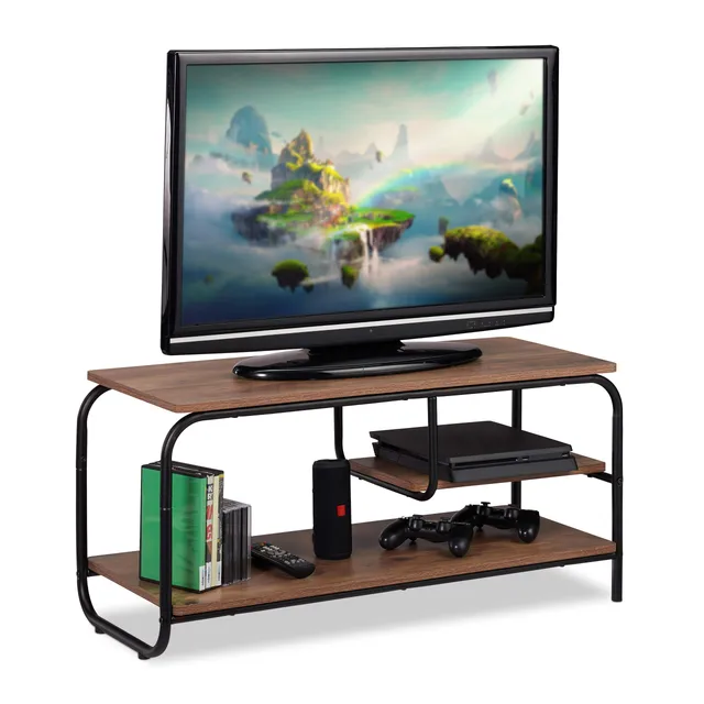 relaxdays-tv-board-industrial-90-cm-braun-schwarz-fernsehtisch image 1