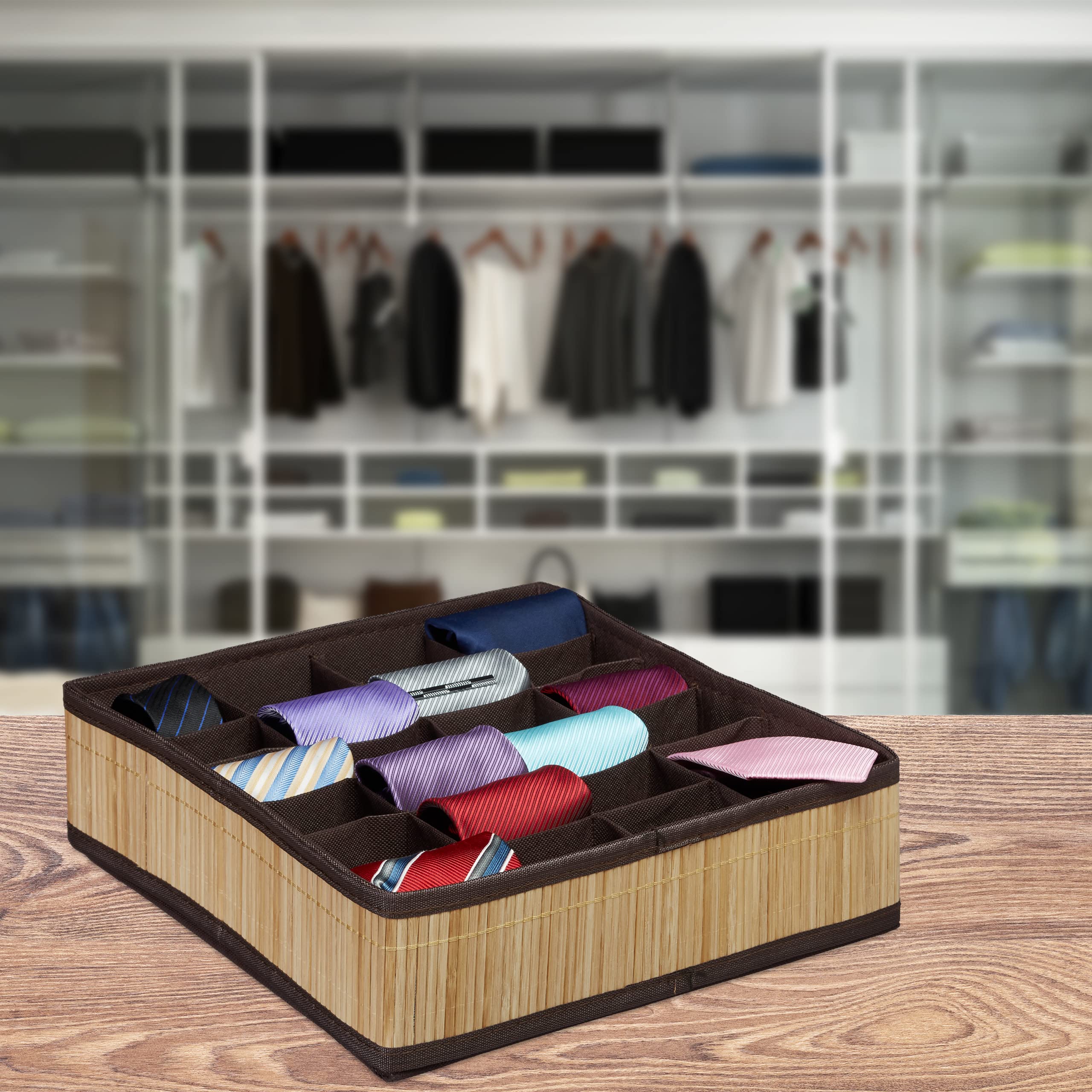 relaxdays-schubladenorganizer-bambus-look-krawattenbox-24-f-cher-natur image 2