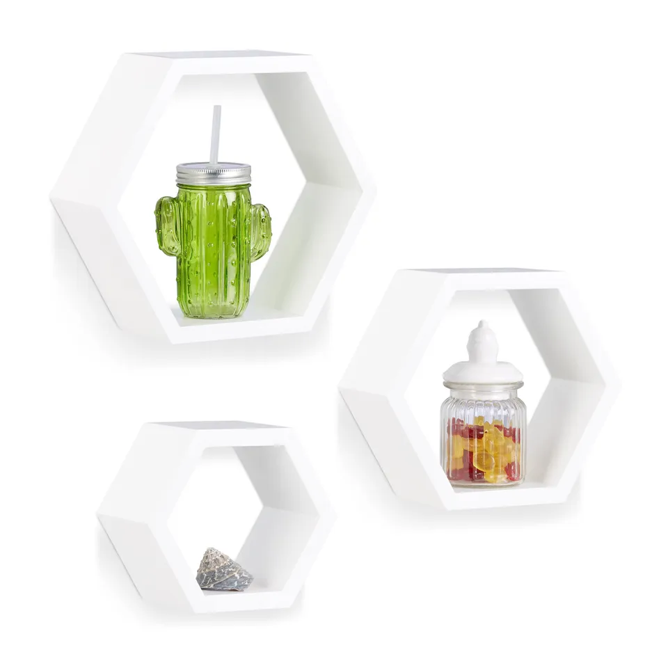 relaxdays-wandregale-sechseckig-3er-set-mdf-wei-freischwebend image 1