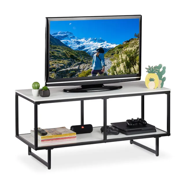 relaxdays-tv-lowboard-110-5cm-mit-2-ablagen-wei-schwarz image 1