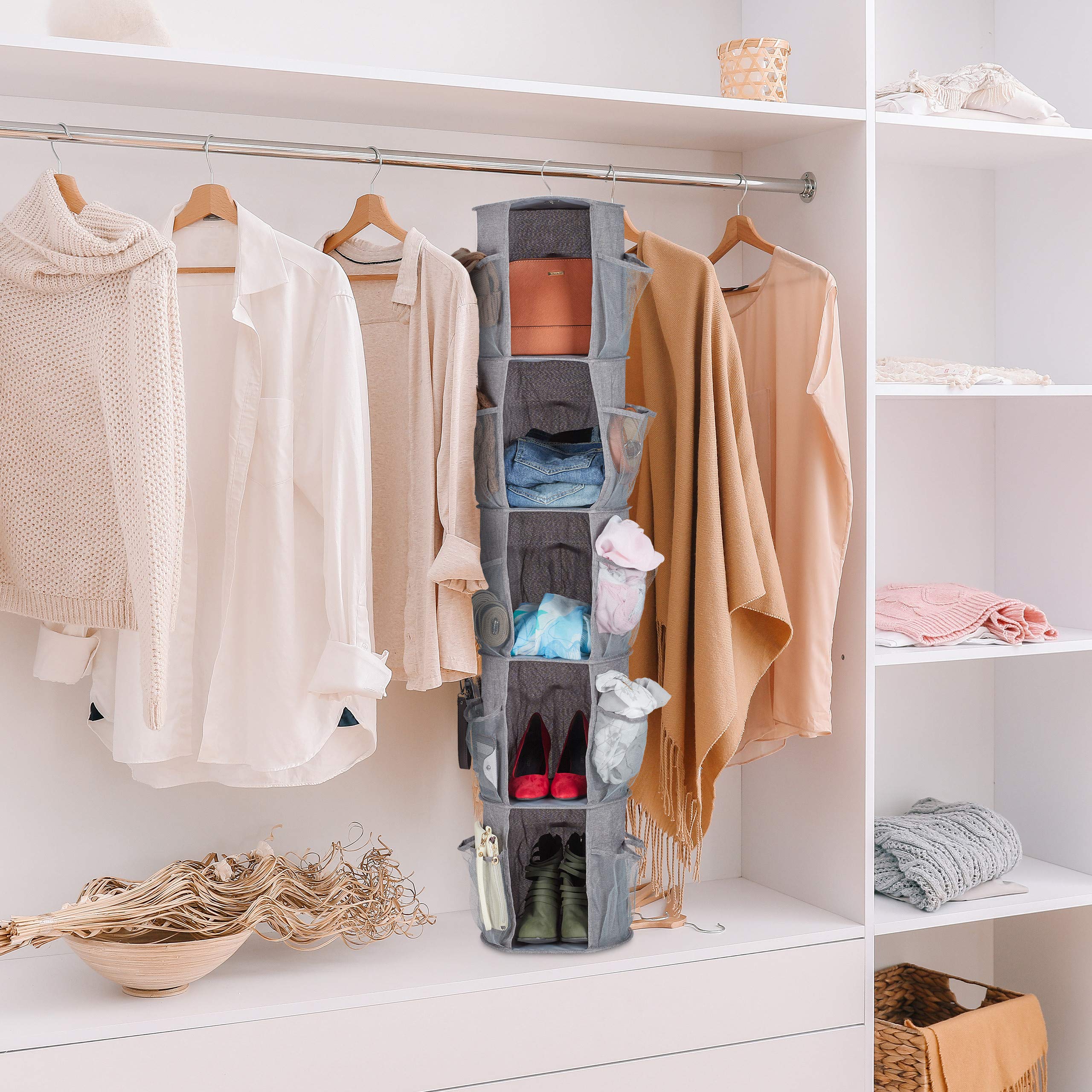 relaxdays-h-ngeregal-f-r-kleiderschrank-5-f-cher-30-netztaschen-grau image 2