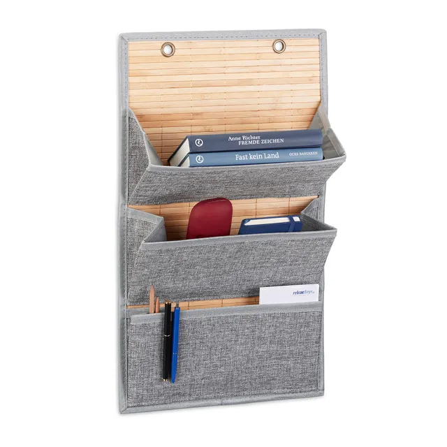 relaxdays-wandorganizer-bambus-h-ngeaufbewahrung-mit-3-f-chern-grau image 1