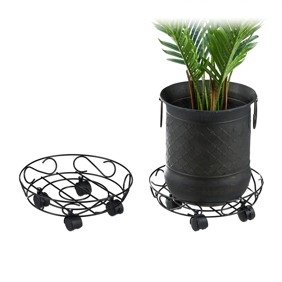 relaxdays-pflanzenroller-2er-set-rund-metall-schwarz-bis-28-cm image 1