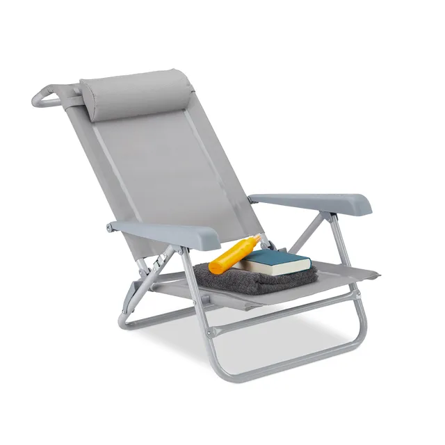 relaxdays-liegestuhl-klappbar-grau-mit-nackenkissen-und-flaschen-ffner image 1