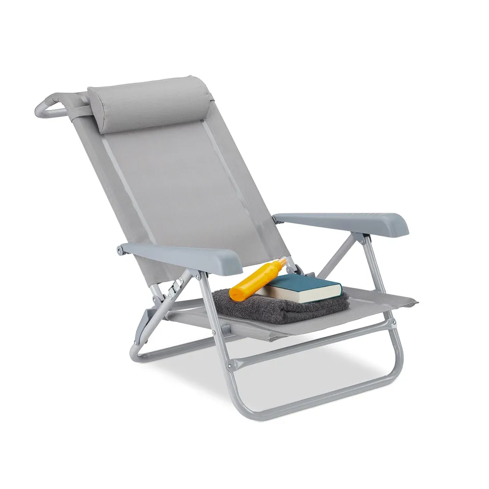 relaxdays-liegestuhl-klappbar-grau-mit-nackenkissen-und-flaschen-ffner image 1