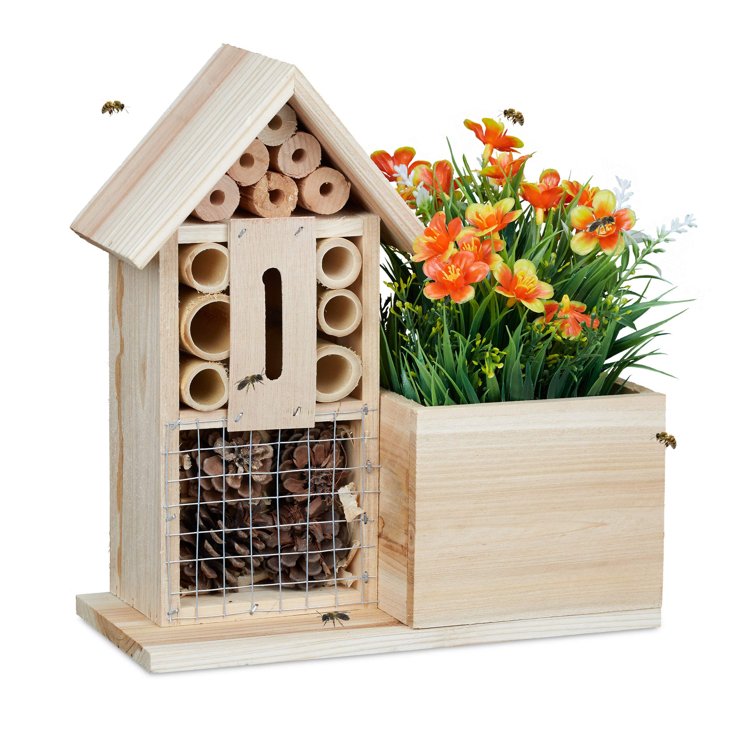 relaxdays-blumentopf-bienenhotel-2-in-1-holz-natur-26x24x12-cm image 1