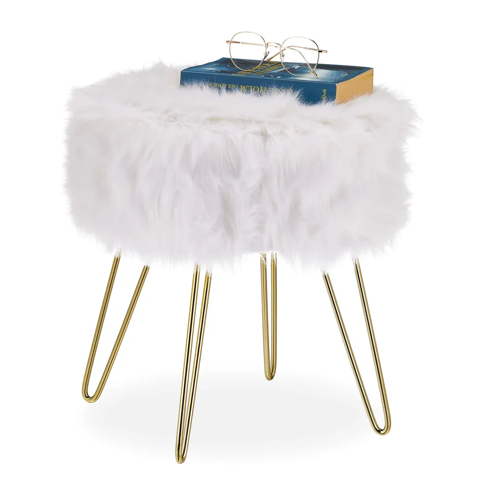 relaxdays-fellhocker-rund-wei-gold-kunstfell-hocker-metall-40x38-cm image 1
