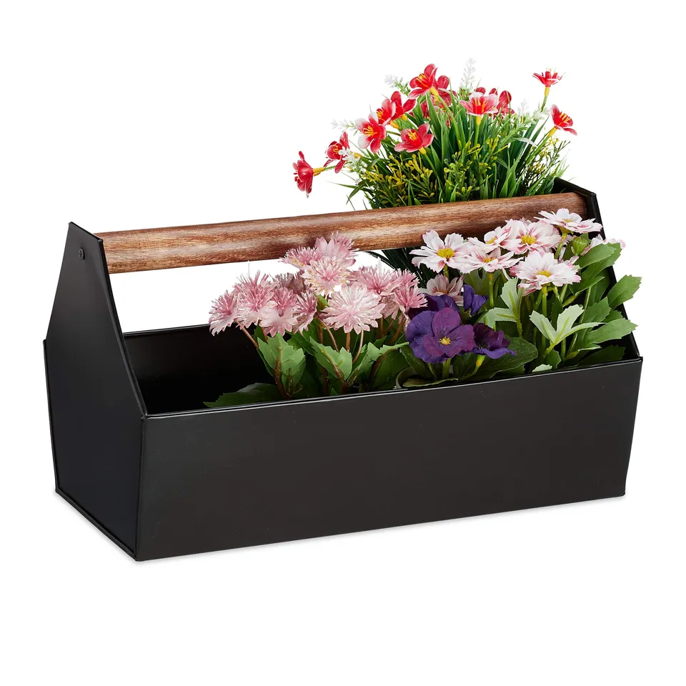 relaxdays-blumenkasten-mit-holzgriff-eisen-schwarz image 1