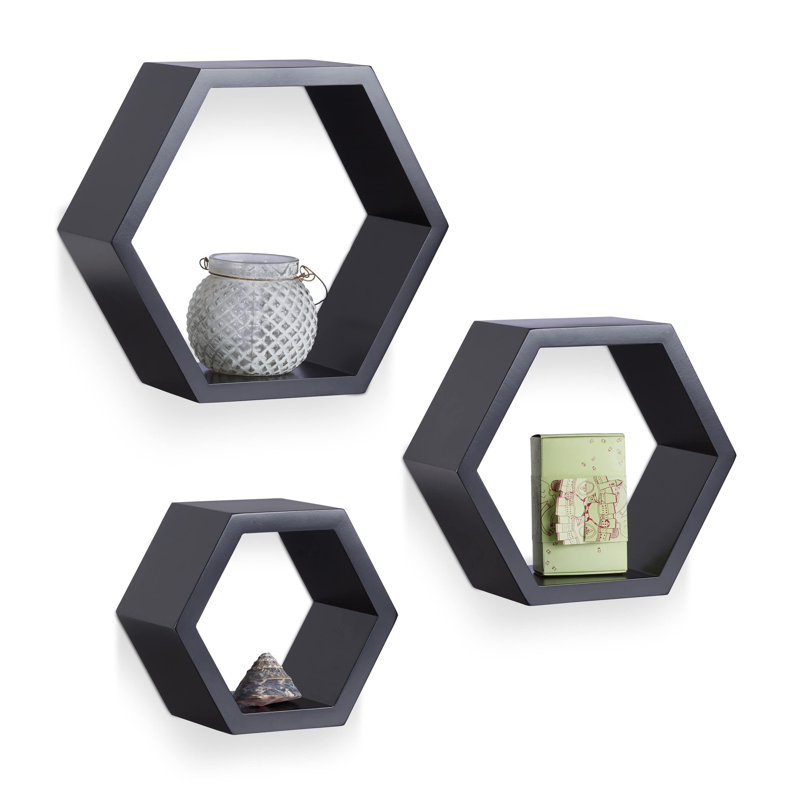 relaxdays-wandregale-sechseckig-schwarz-3er-set-mdf-waben image 1