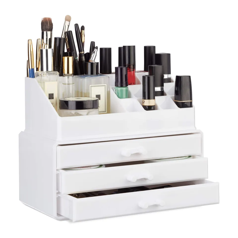 relaxdays-make-up-organizer-klein-wei-kosmetik-aufsteller-mit-3-schubladen image 1