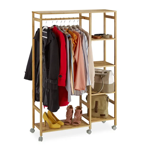 relaxdays-rollgarderobe-bambus-mobil-6-ablagen-mit-kleiderstange-natur image 1