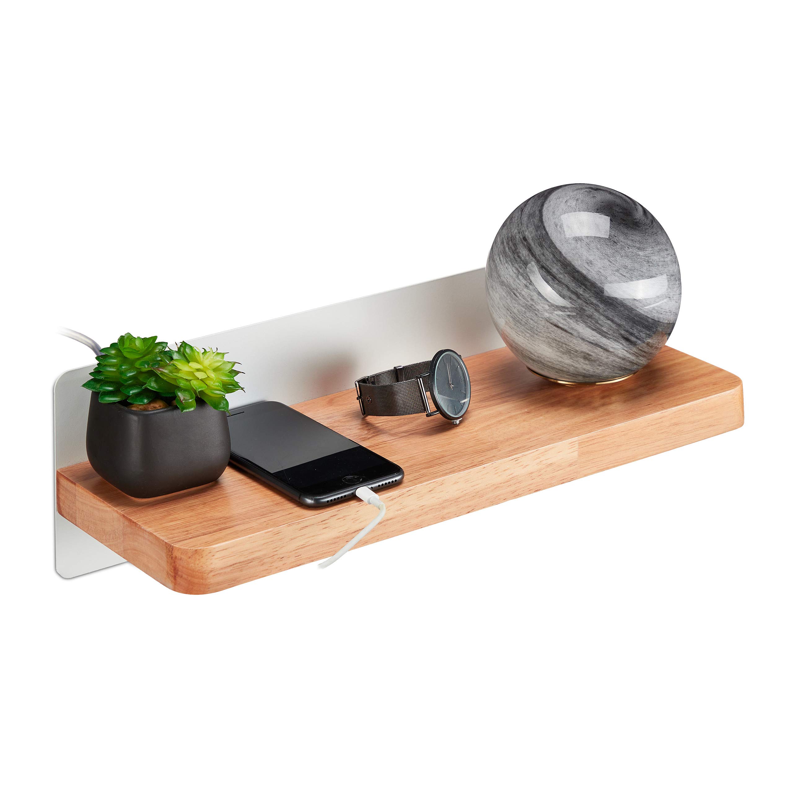 relaxdays-wandregal-holz-glas-mit-usb-und-wandlampe-natur-grau image 1