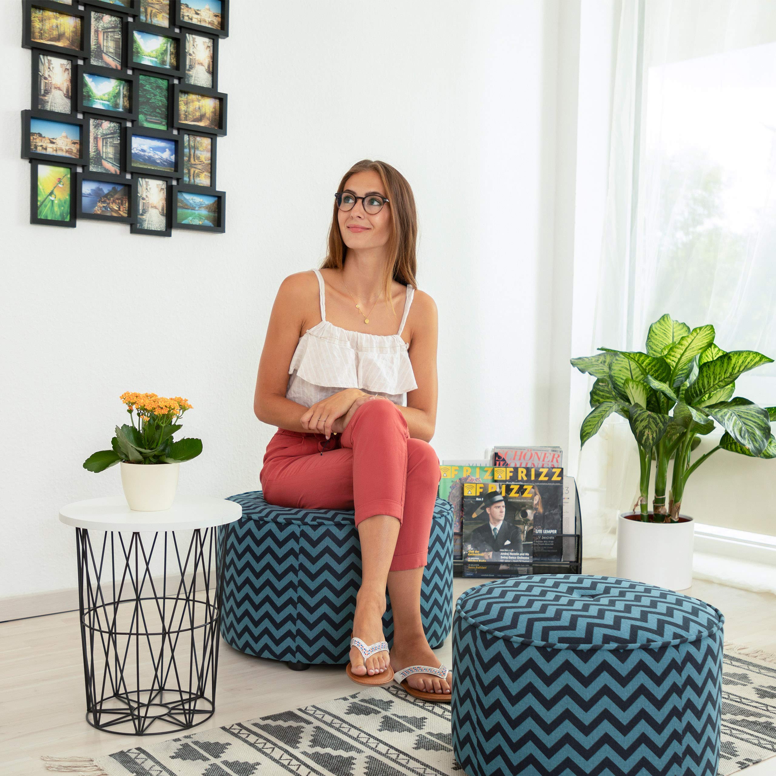 relaxdays-sitzhocker-2er-set-rund-pouf-blau-schwarz-gemustert image 2