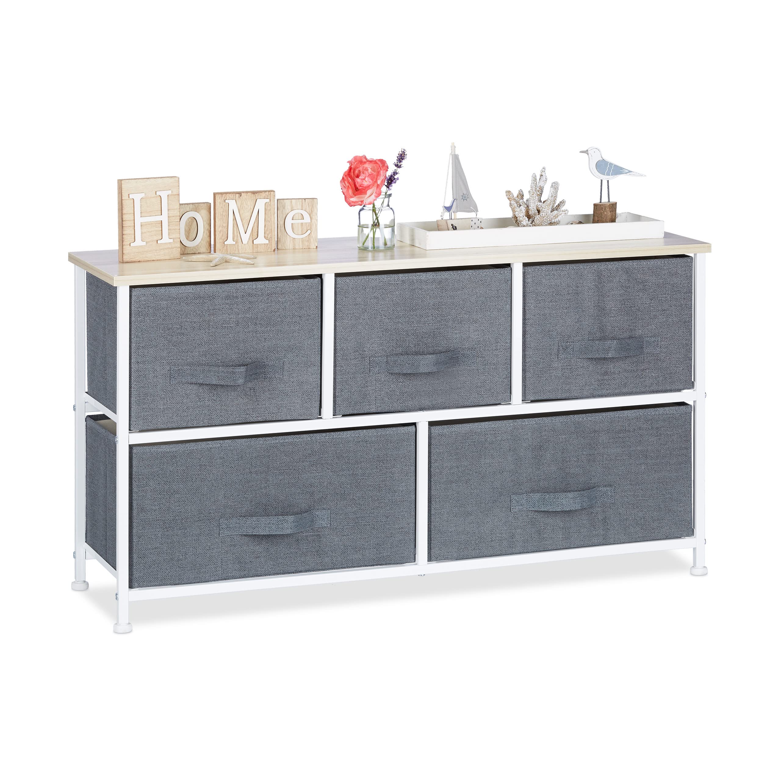 relaxdays-regalsystem-mit-5-stoff-schubladen-metall-holz-grau-54-5-x-100-x-30-cm image 1