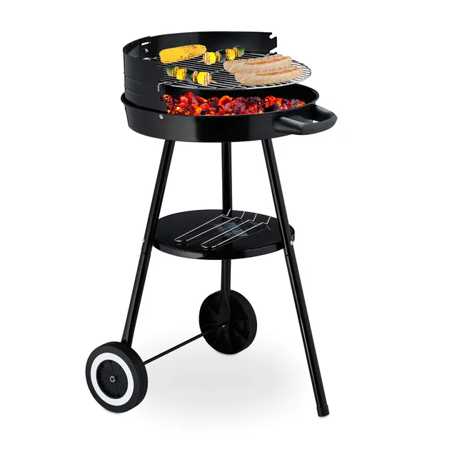 relaxdays-holzkohlegrill-rundgrill-39-5-cm-mit-ablage-rollen-und-windschutz image 1
