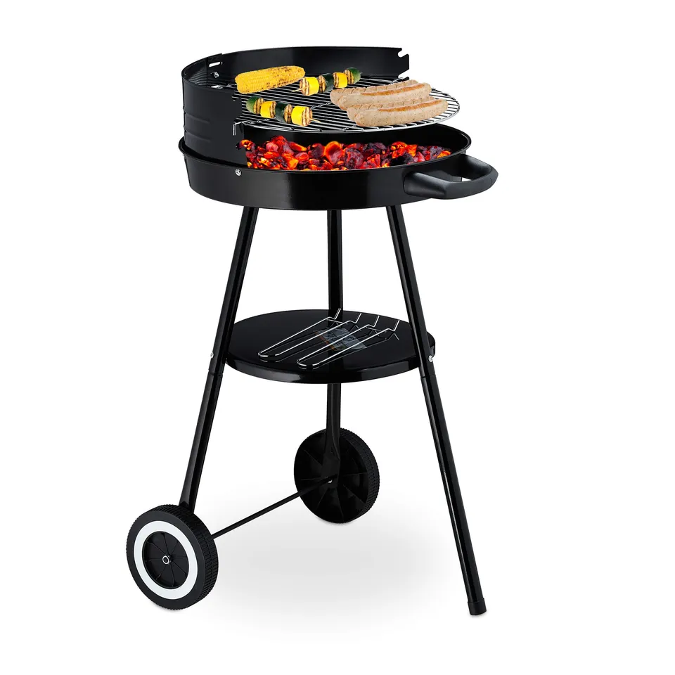relaxdays-holzkohlegrill-rundgrill-39-5-cm-mit-ablage-rollen-und-windschutz image 1