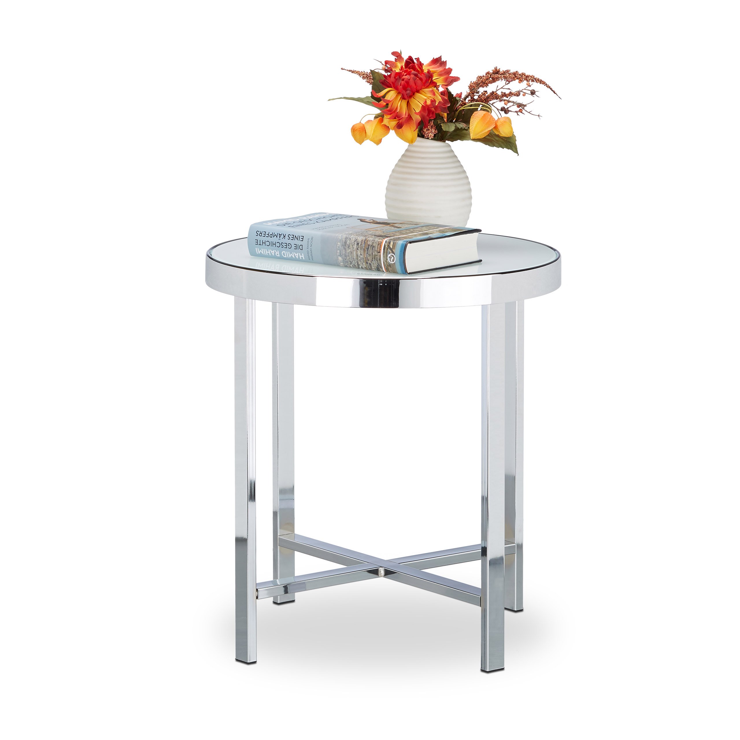 relaxdays-kaffeetisch-glas-milchglas-46x41x41-cm-silber-beistelltisch-chrom-stah image 1