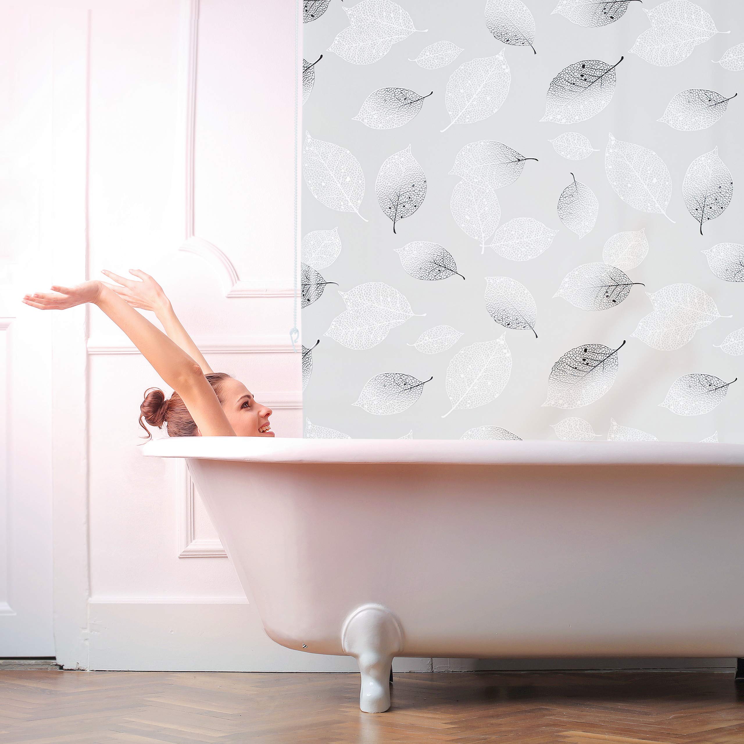 relaxdays-duschrollo-100-x-240-cm-blatt-schwarz-wei-seilzug image 2