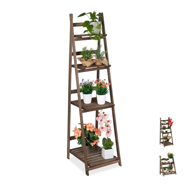 relaxdays-blumentreppe-4-stufig-holz-klappbar-dunkelbraun-160x41x49-cm image 1