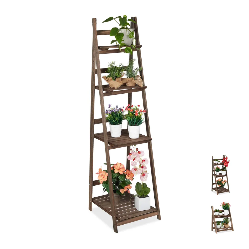 relaxdays-blumentreppe-4-stufig-holz-klappbar-dunkelbraun-160x41x49-cm image 1