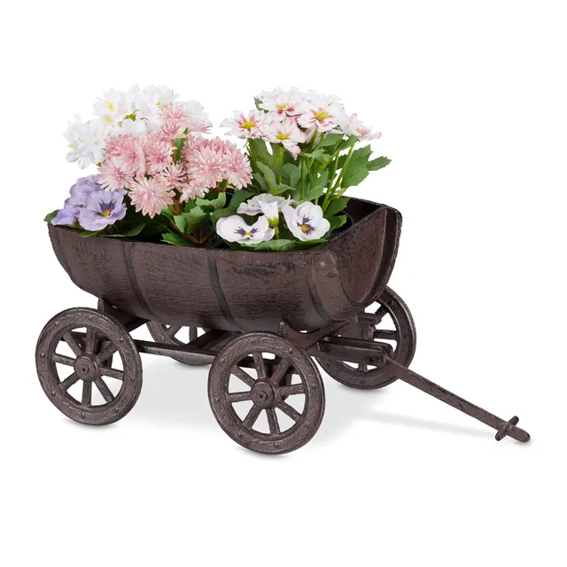 relaxdays-pflanzfass-halbes-weinfass-auf-karren-gusseisen-18-x-20-x-29-cm-braun image 1