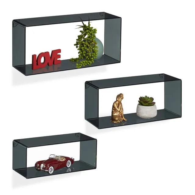 relaxdays-wandregal-3er-set-acryl-schwebend-cube-schwarz image 1
