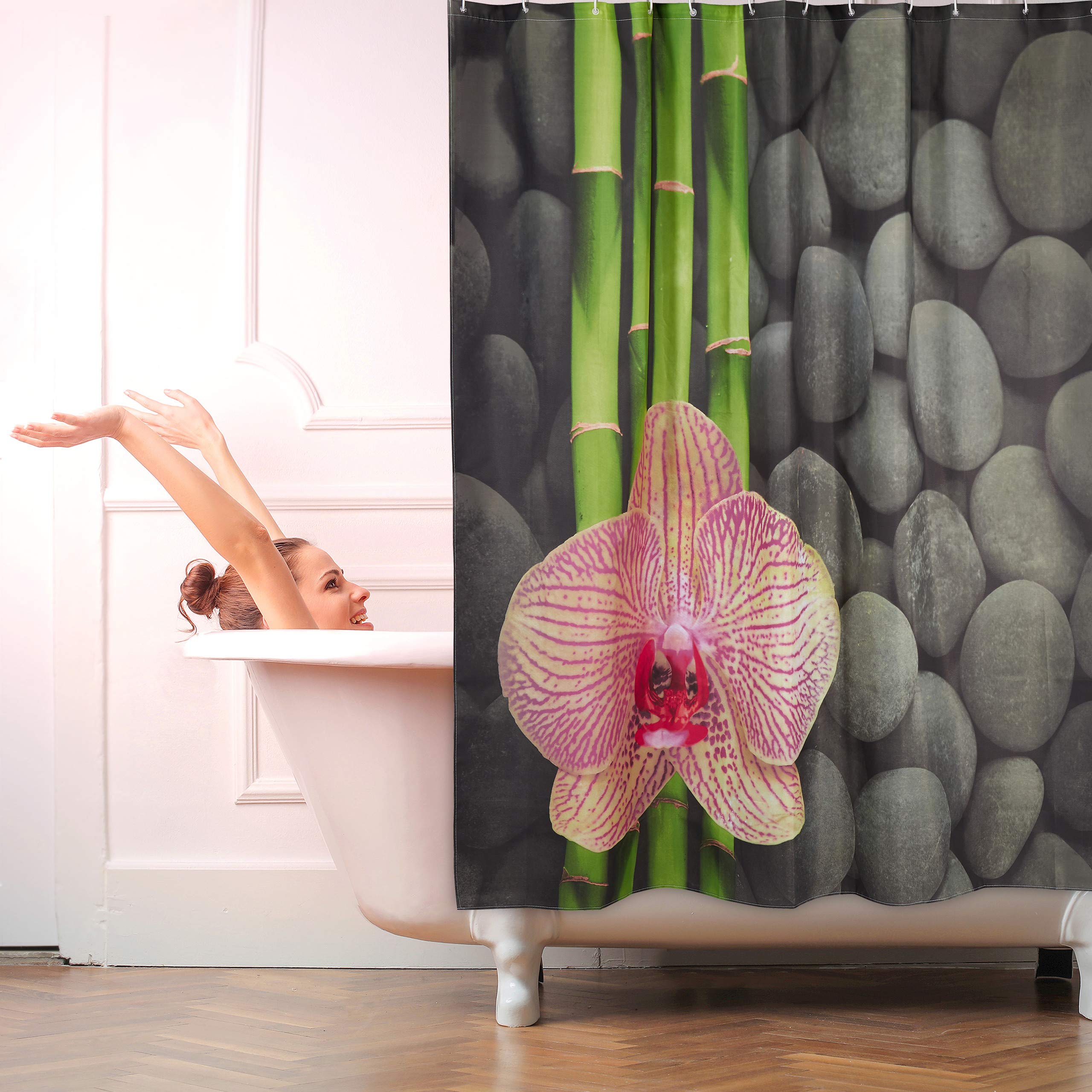 relaxdays-duschvorhang-180x180-cm-orchidee-steine-waschbar image 2