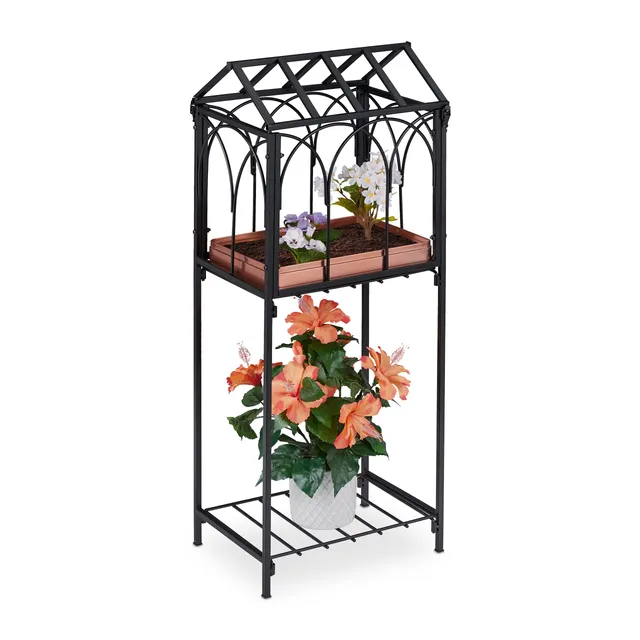 relaxdays-blumenregal-metall-mit-dach-2-ablagen-82x33-5x23-5-cm-schwarz image 1