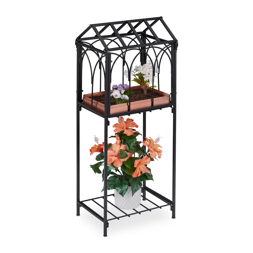 relaxdays-blumenregal-metall-mit-dach-2-ablagen-82x33-5x23-5-cm-schwarz image 1