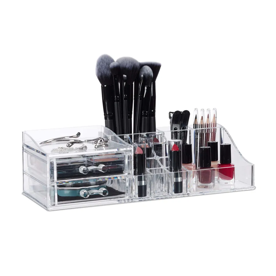 relaxdays-make-up-organizer-acryl-mit-lippenstifthalter-2-schubladen image 1