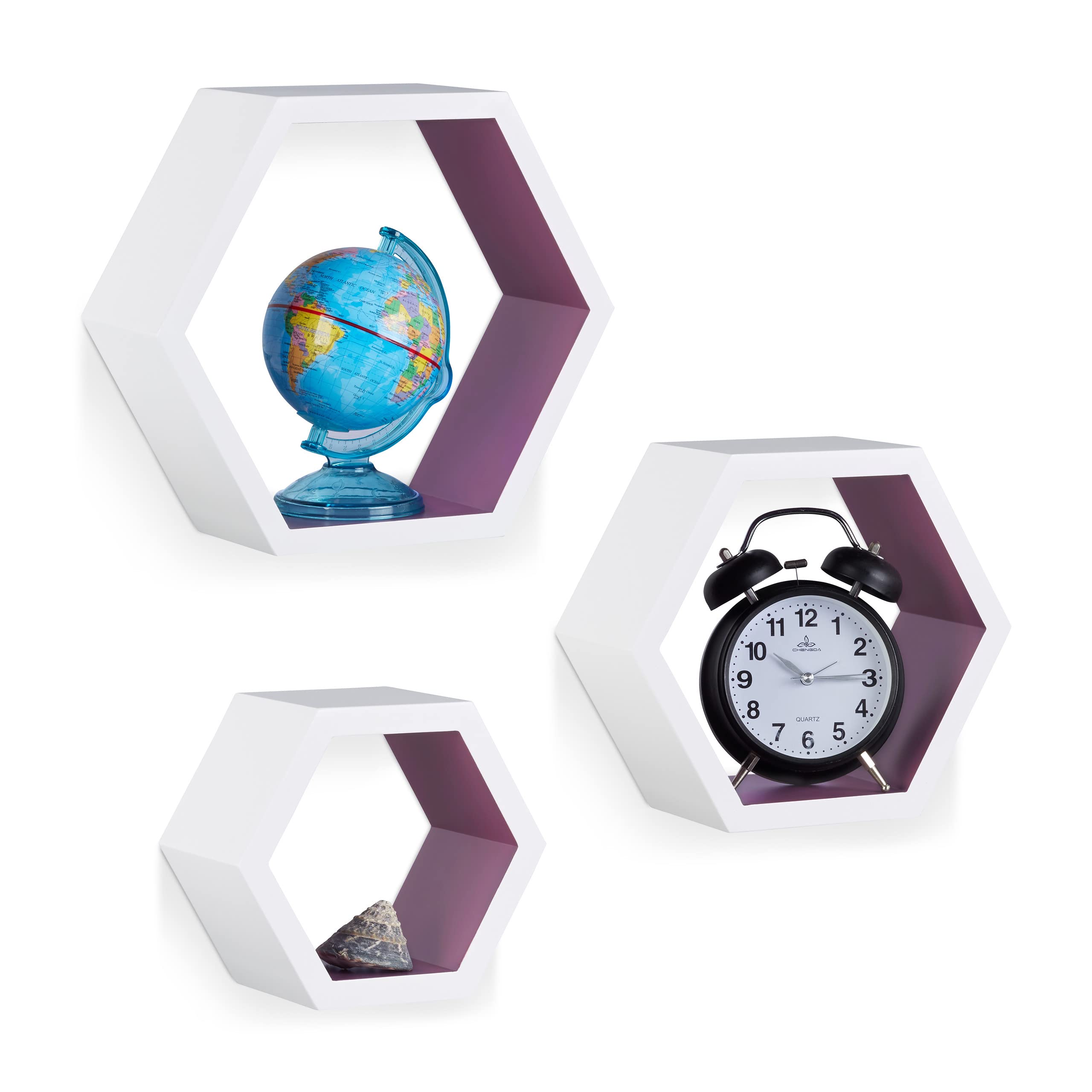 relaxdays-wandregale-sechseckig-3er-set-mdf-wei-lila image 1