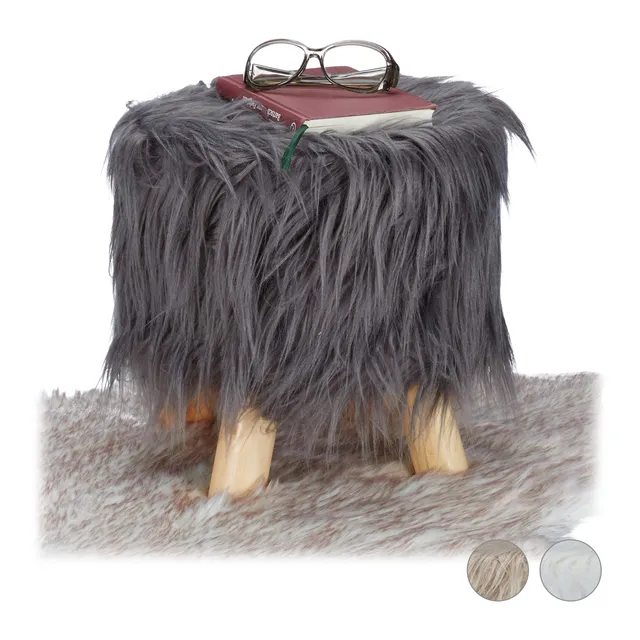 relaxdays-fell-hocker-rund-grau-mit-4-holzbeinen image 1