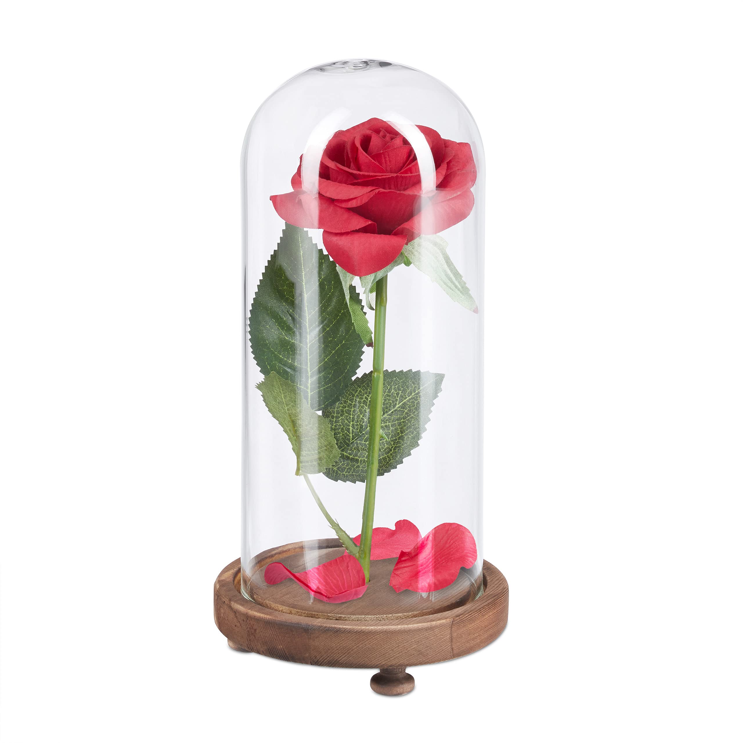 relaxdays-ewige-rose-im-glas-kunstrose-rot-auf-holzsockel-mit-geschenkbox image 1