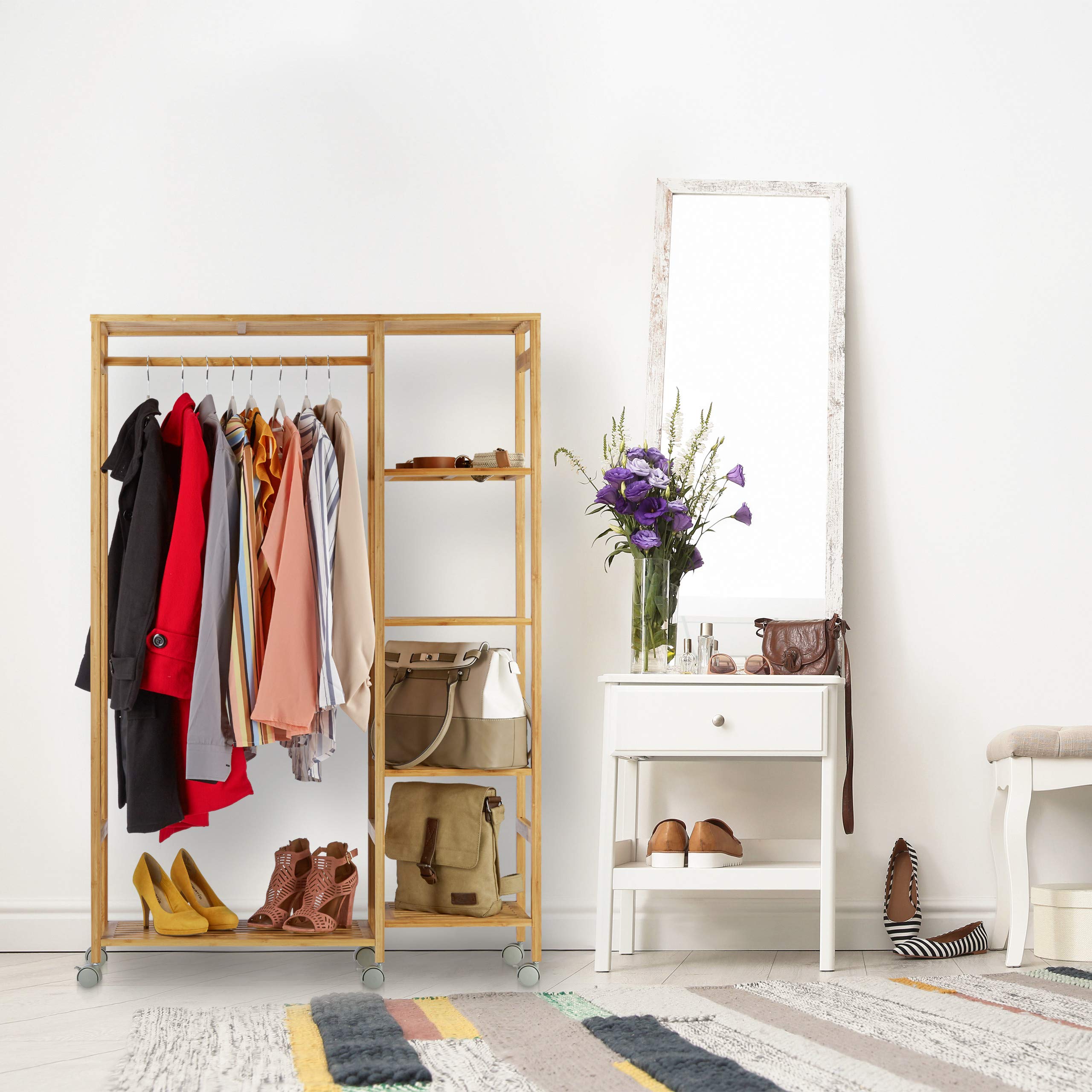 relaxdays-rollgarderobe-bambus-mobil-6-ablagen-mit-kleiderstange-natur image 2