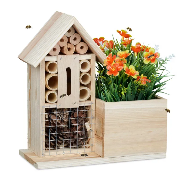 relaxdays-blumentopf-bienenhotel-2-in-1-holz-natur-26x24x12-cm image 1