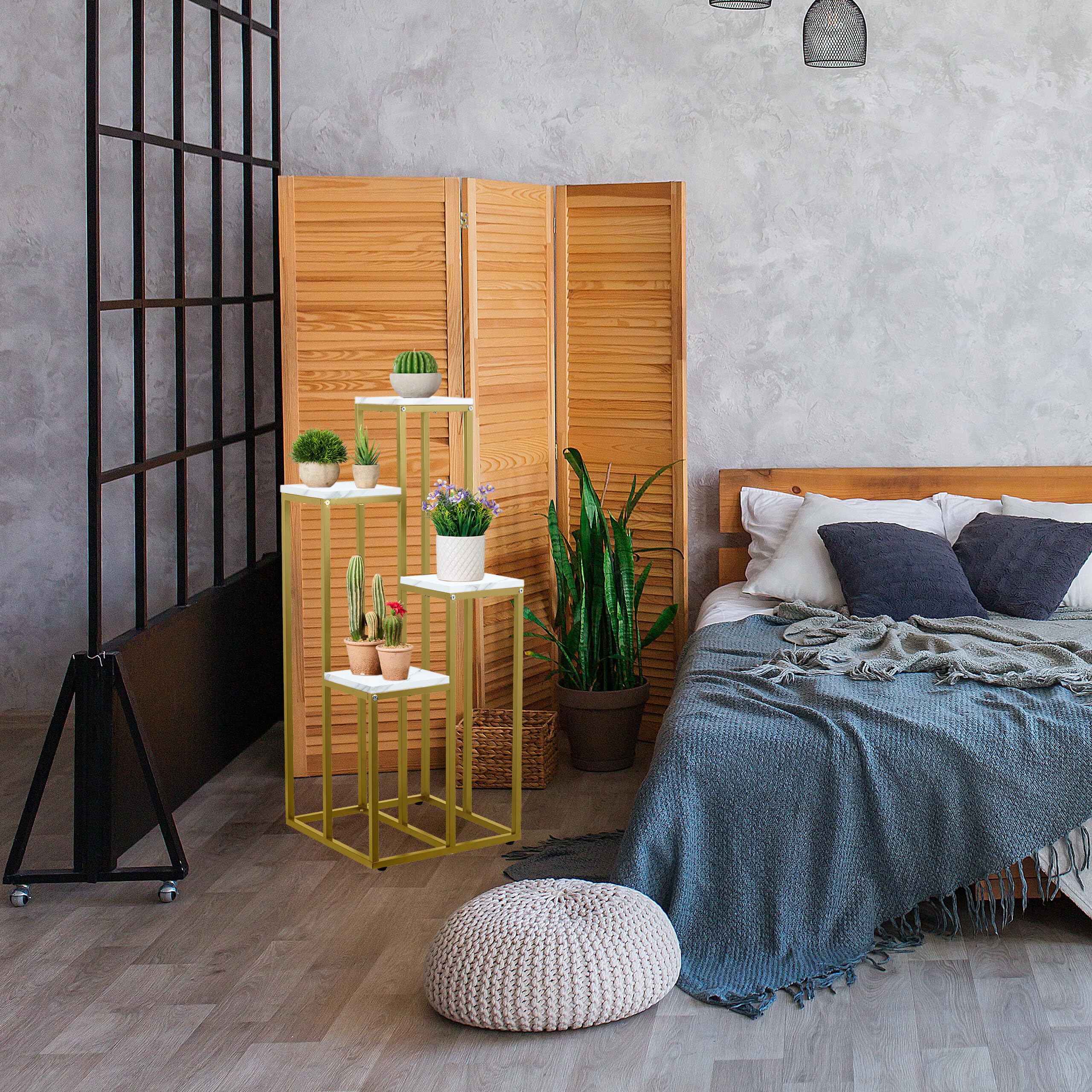 relaxdays-blumentreppe-4-ablagen-100x40x40cm-gold-wei image 2