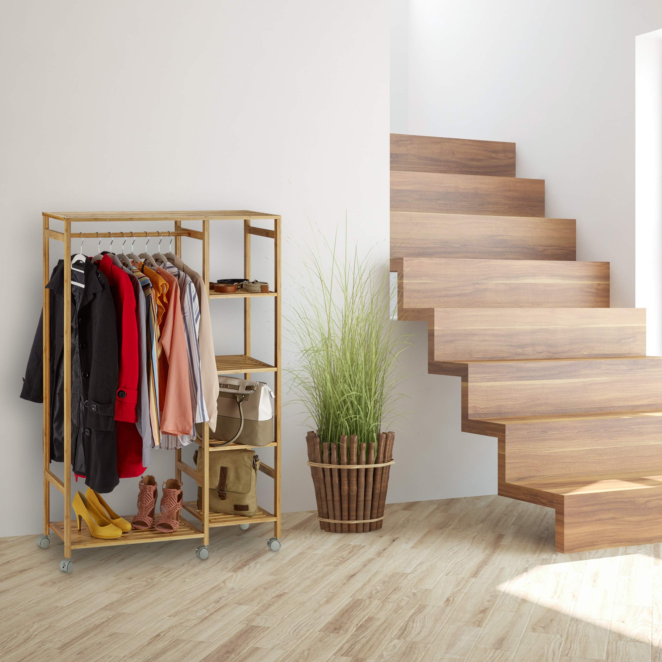 relaxdays-rollgarderobe-bambus-mobil-6-ablagen-mit-kleiderstange-natur image 3