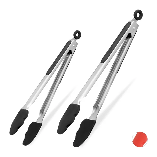 relaxdays-grillzange-2er-set-silikon-edelstahl-27-und-34-cm-schwarz image 1