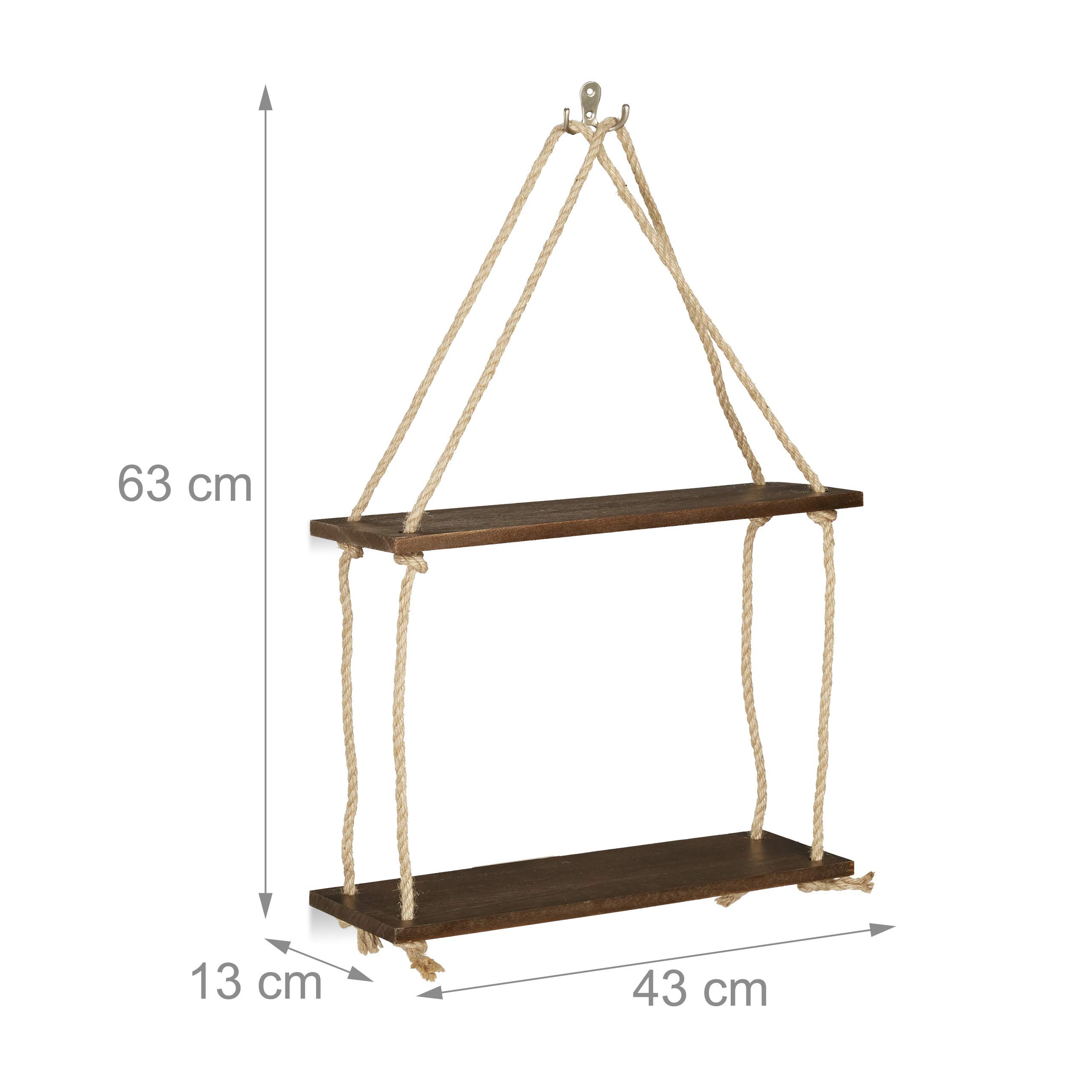 relaxdays-h-ngeregal-holz-2-ablagen-seil-regal-63x43x13-cm-braun image 3