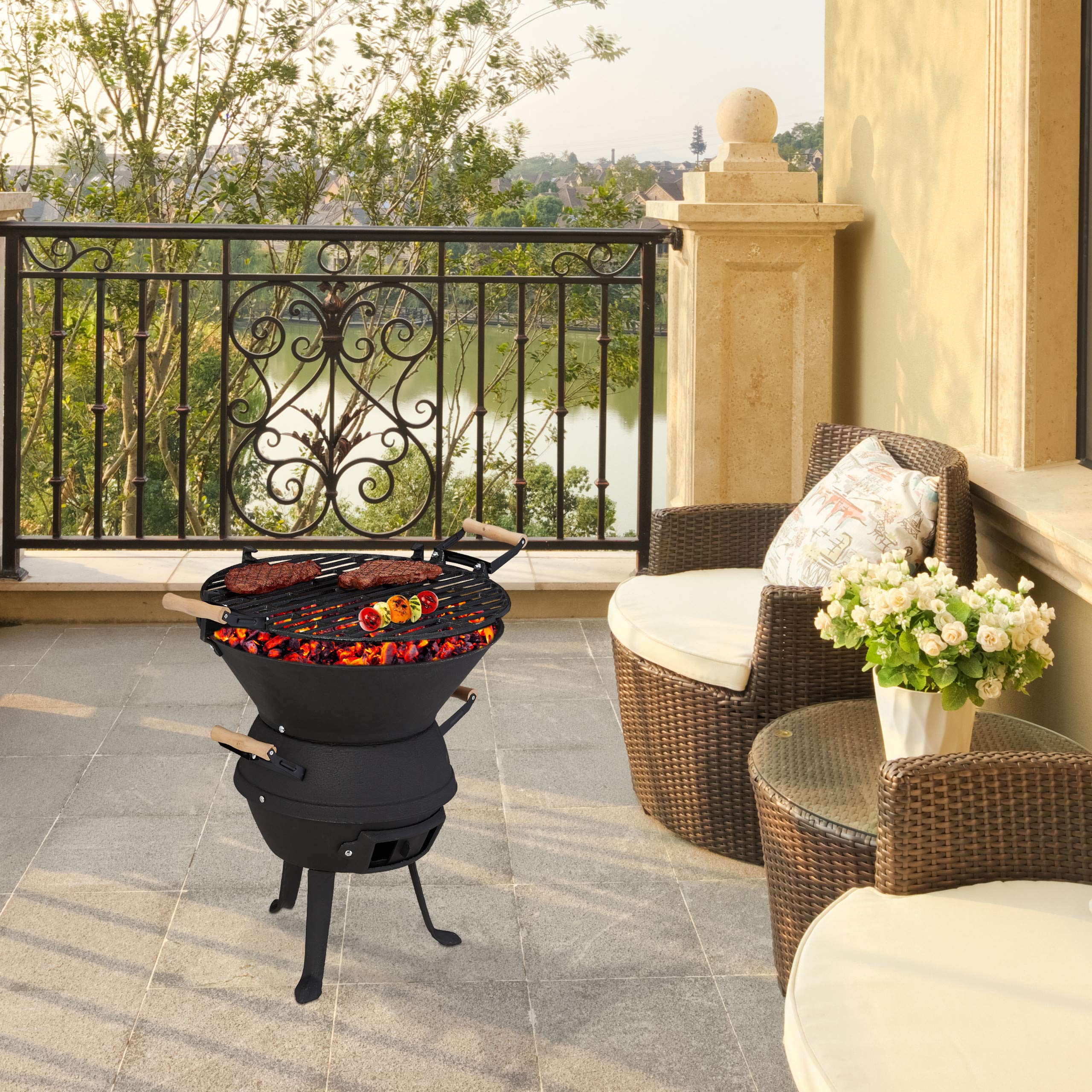 relaxdays-grillfass-holzkohlegrill-gusseisen-grill-mit-grillrost-37-cm-h-henvers image 2