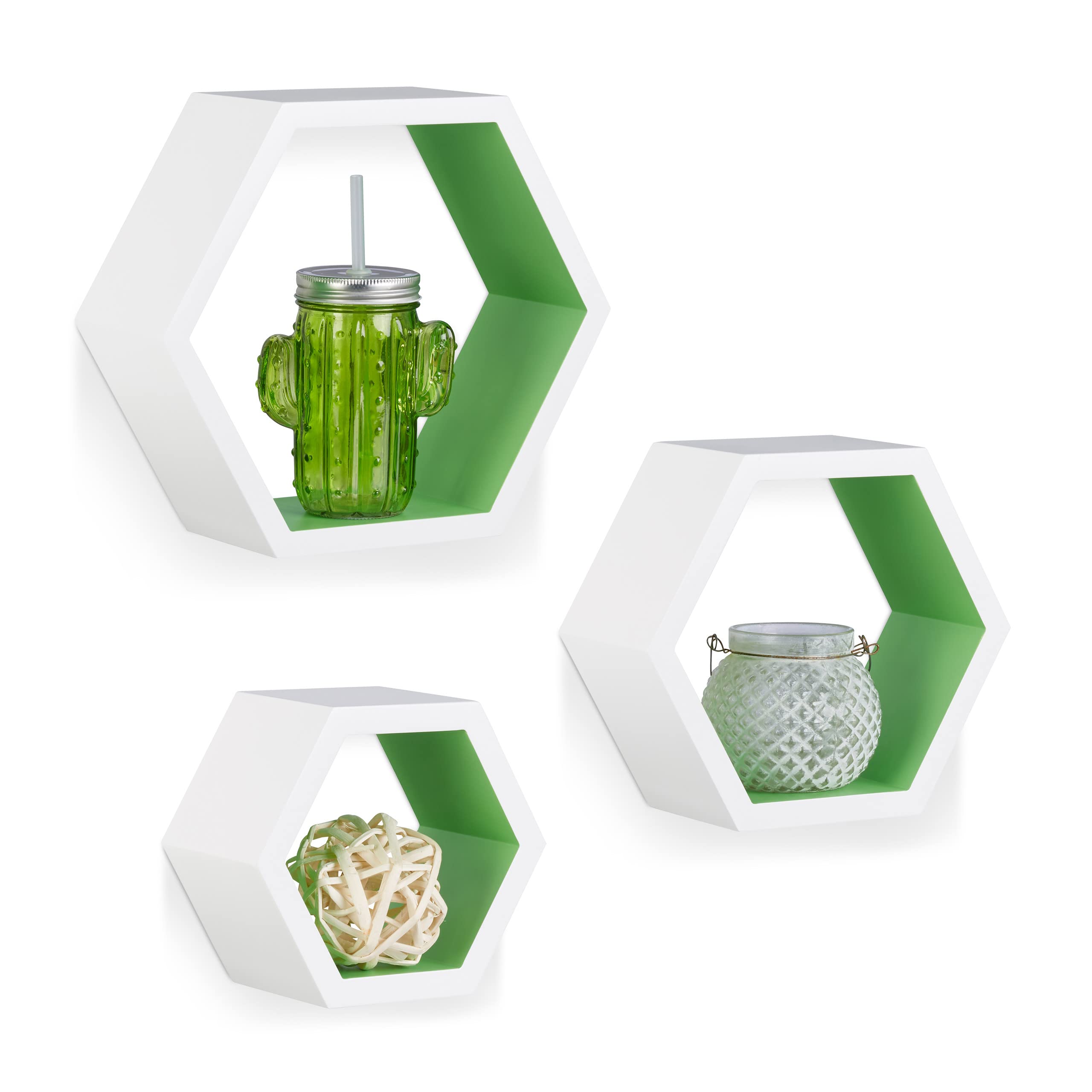 relaxdays-wandregale-sechseckig-3er-set-mdf-wei-gr-n image 1