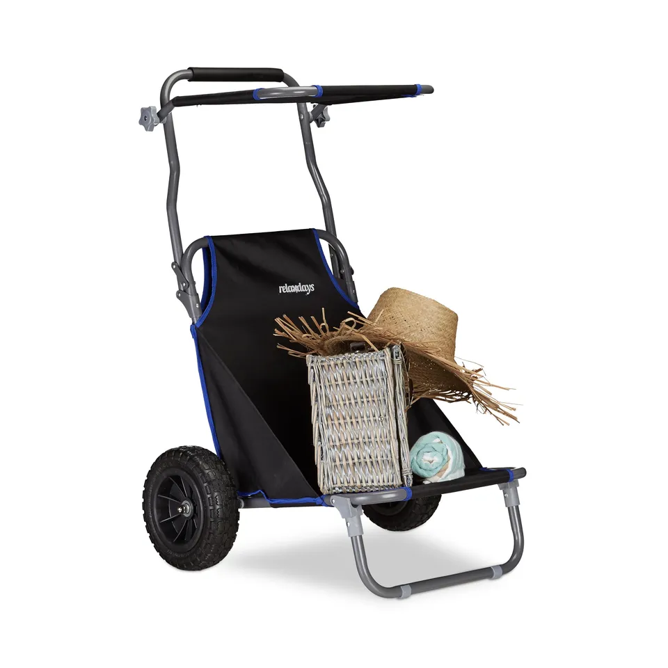 relaxdays-strandwagen-faltbar-2in1-mit-strandstuhl-sonnendach-61x65x102-cm-schwa image 1